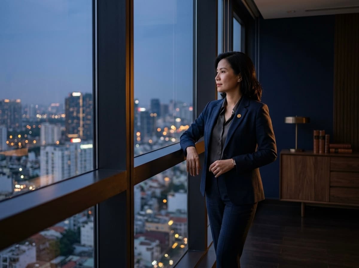Cố vấn PFA bên khung cửa nhìn ra thành phố lúc chiều muộn